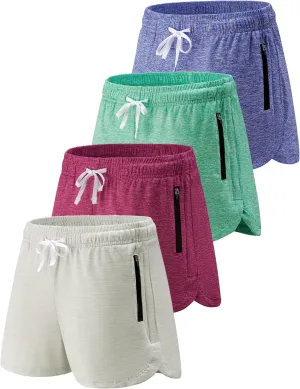 4 Pack Youth Girls Athletic Shorts 3", Girls Soccer Shorts, Kids Workout Gym Clothes Activewear Apparel with Zipper Pockets