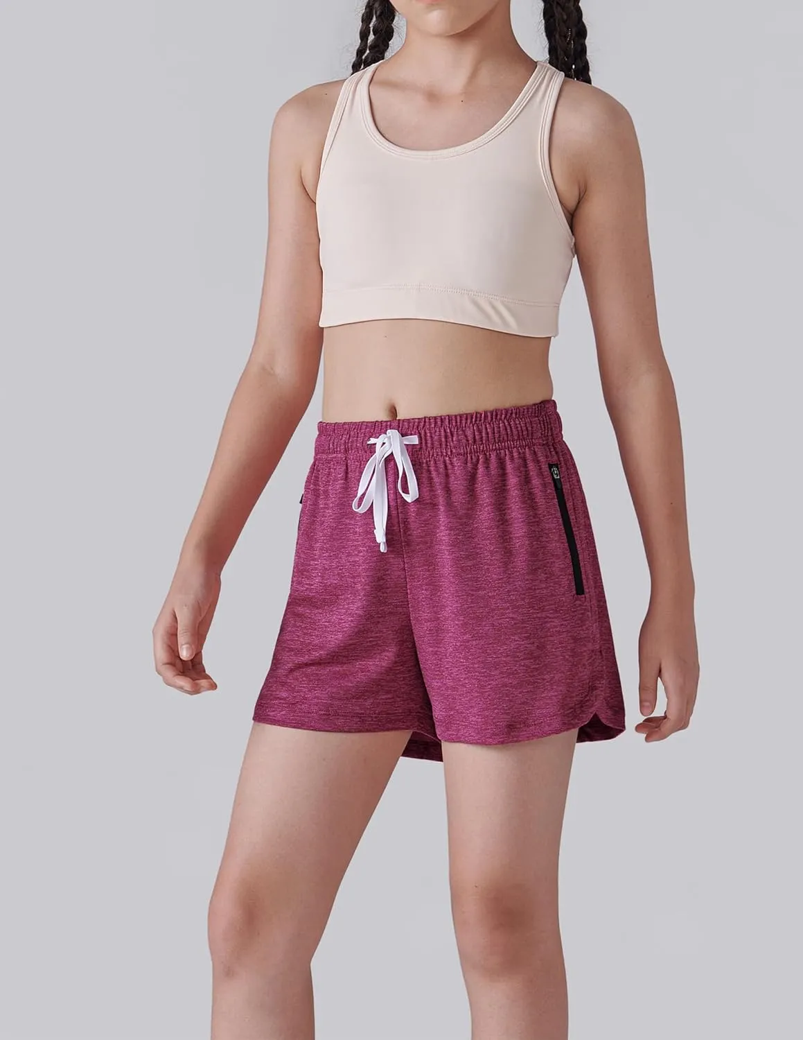 4 Pack Youth Girls Athletic Shorts 3", Girls Soccer Shorts, Kids Workout Gym Clothes Activewear Apparel with Zipper Pockets
