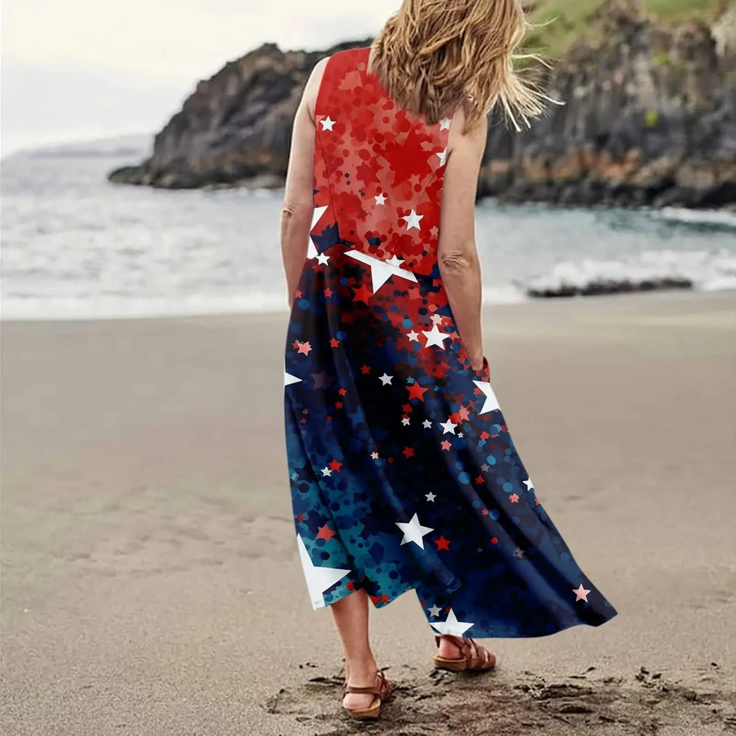 ADHOWBEW 4th of July Dress for Women Loose Fit American Flag Flowy Memorial Days Sleeveless Linen Maxi Dresses with Pockets