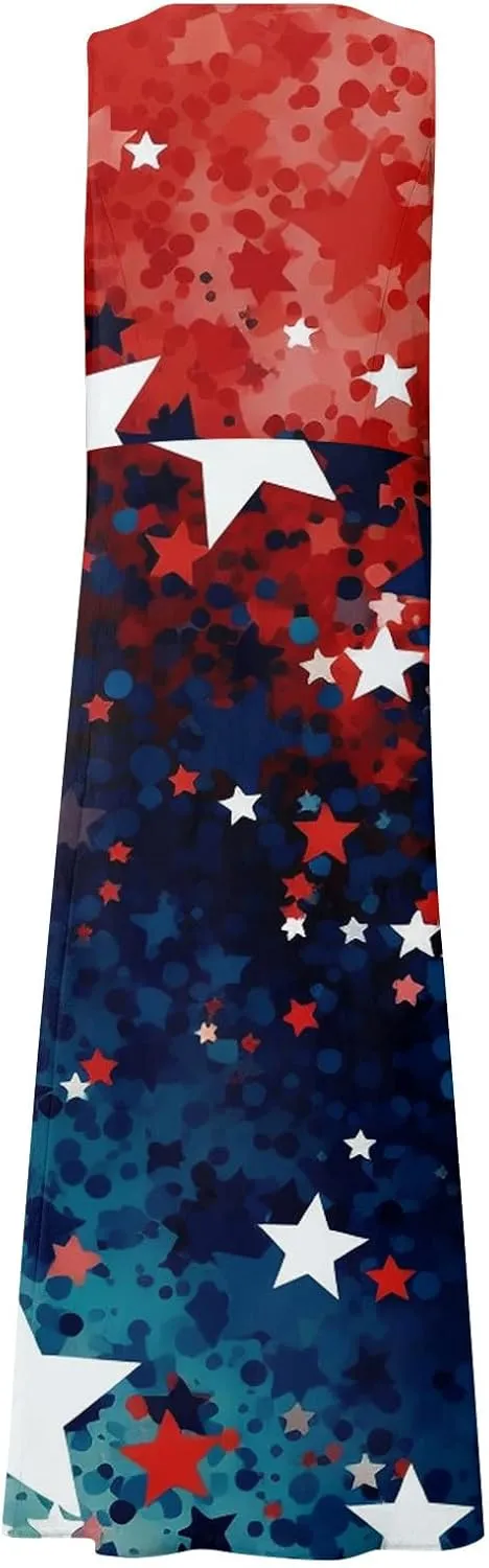 ADHOWBEW 4th of July Dress for Women Loose Fit American Flag Flowy Memorial Days Sleeveless Linen Maxi Dresses with Pockets