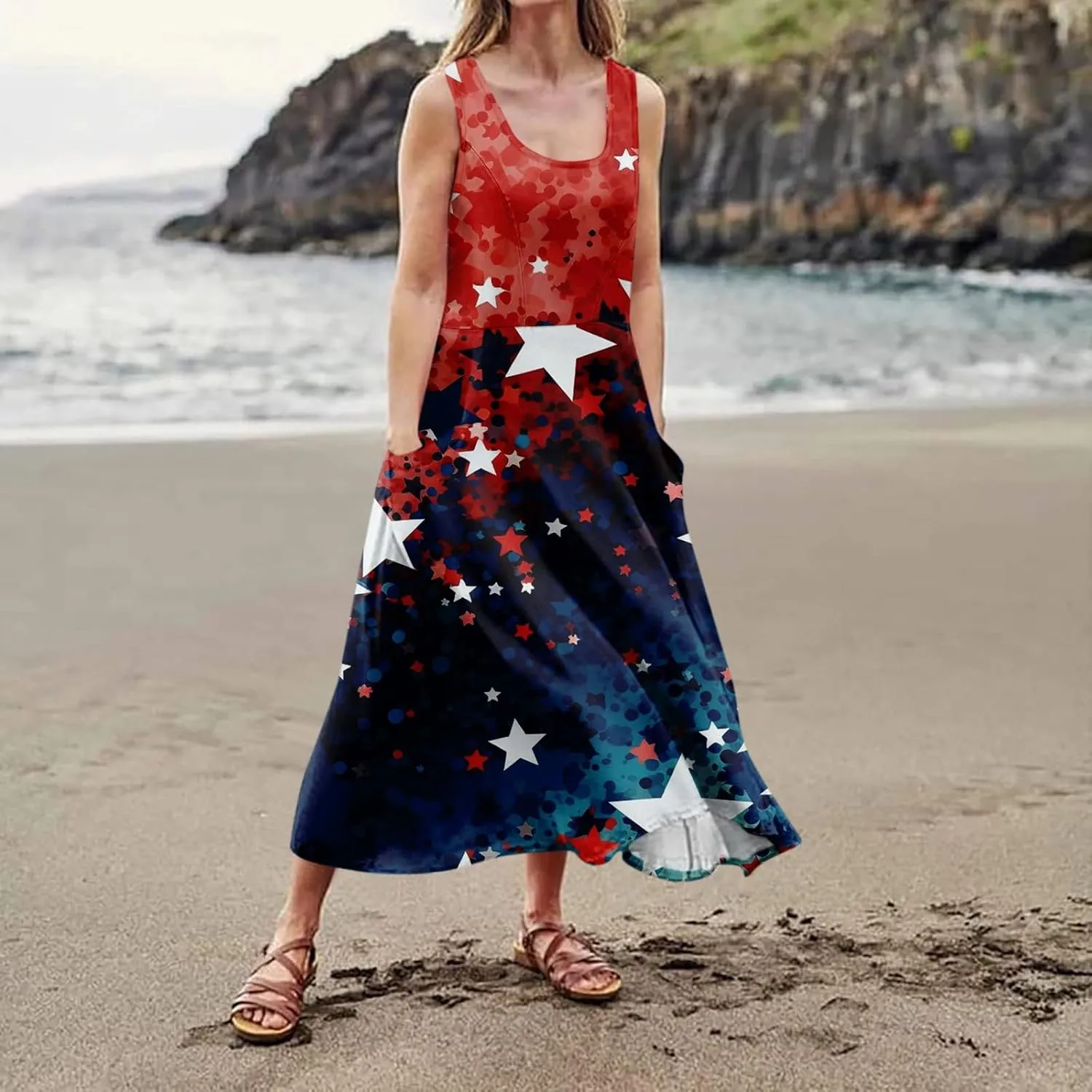ADHOWBEW 4th of July Dress for Women Loose Fit American Flag Flowy Memorial Days Sleeveless Linen Maxi Dresses with Pockets