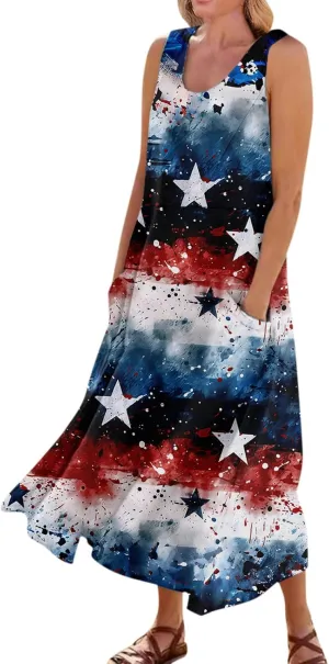 ADHOWBEW 4th of July Dress for Women Loose Fit American Flag Flowy Memorial Days Sleeveless Linen Maxi Dresses with Pockets