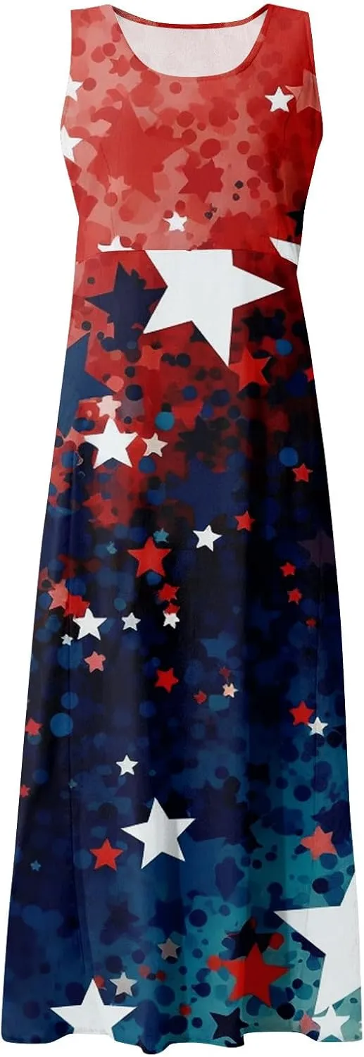 ADHOWBEW 4th of July Dress for Women Loose Fit American Flag Flowy Memorial Days Sleeveless Linen Maxi Dresses with Pockets