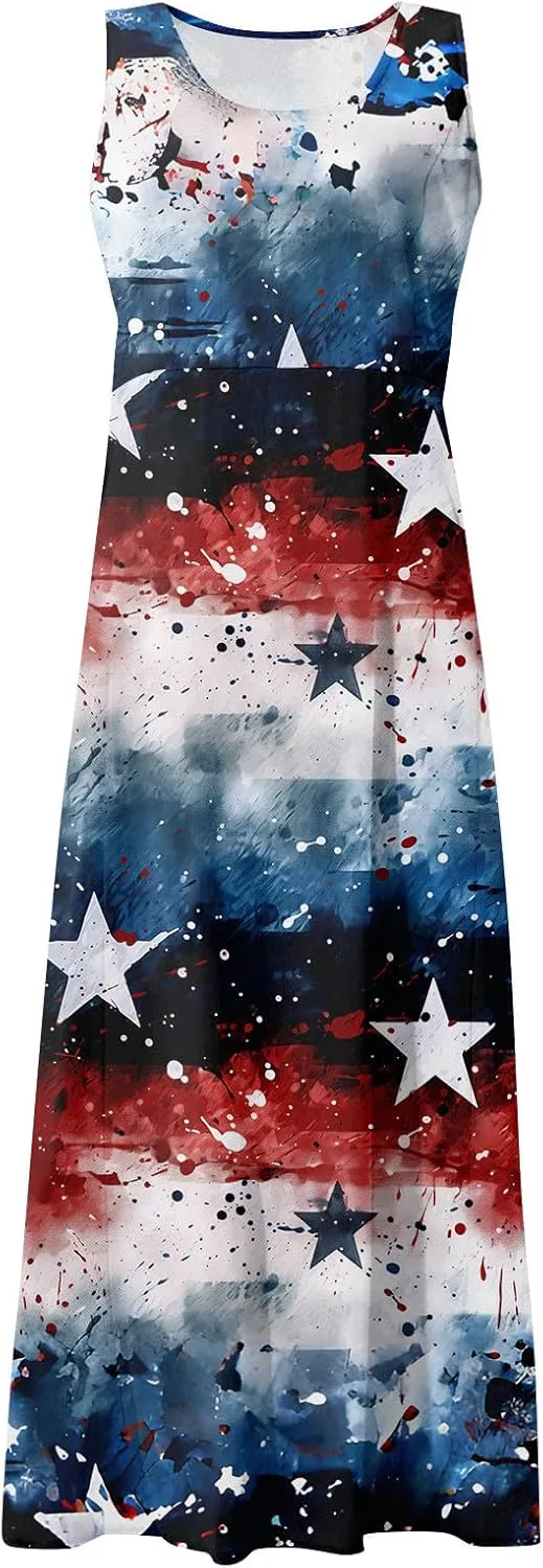 ADHOWBEW 4th of July Dress for Women Loose Fit American Flag Flowy Memorial Days Sleeveless Linen Maxi Dresses with Pockets