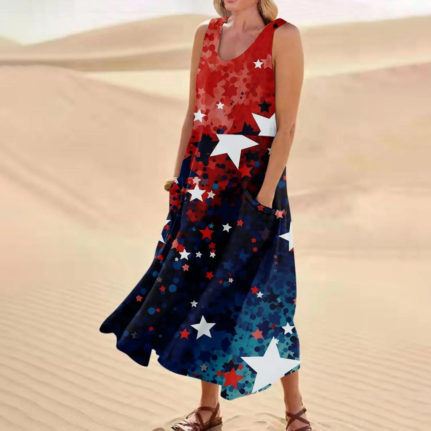 ADHOWBEW 4th of July Dress for Women Loose Fit American Flag Flowy Memorial Days Sleeveless Linen Maxi Dresses with Pockets