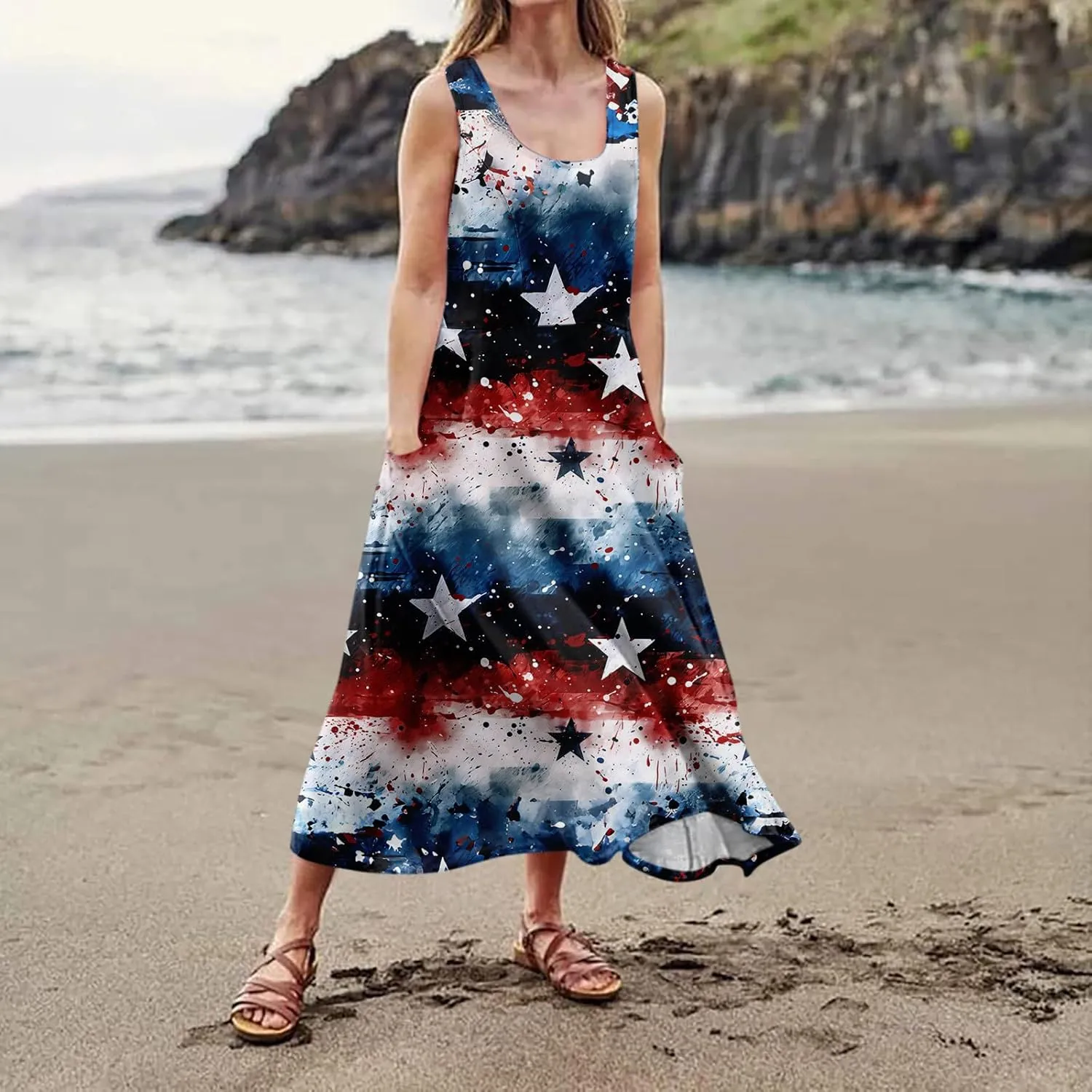 ADHOWBEW 4th of July Dress for Women Loose Fit American Flag Flowy Memorial Days Sleeveless Linen Maxi Dresses with Pockets