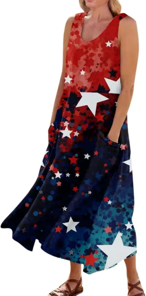 ADHOWBEW 4th of July Dress for Women Loose Fit American Flag Flowy Memorial Days Sleeveless Linen Maxi Dresses with Pockets