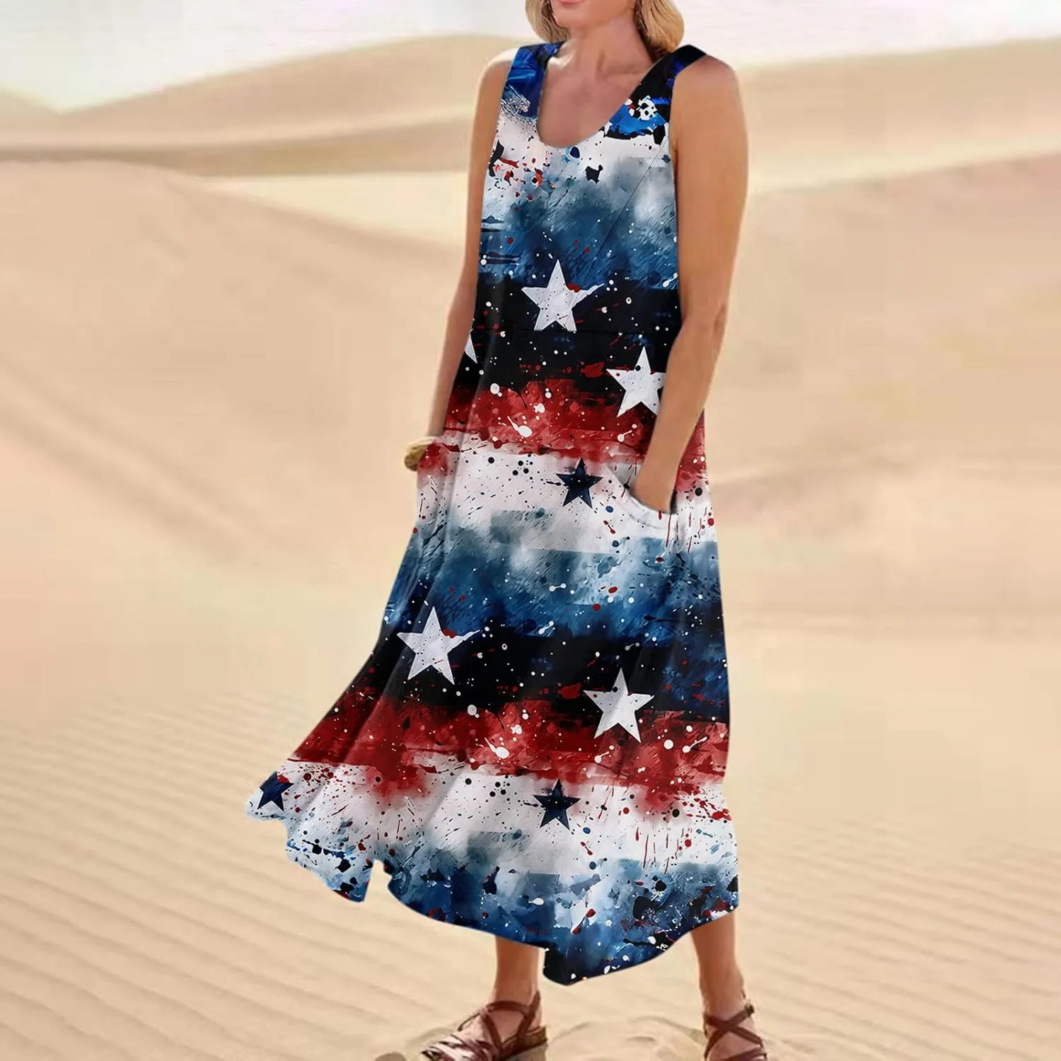 ADHOWBEW 4th of July Dress for Women Loose Fit American Flag Flowy Memorial Days Sleeveless Linen Maxi Dresses with Pockets