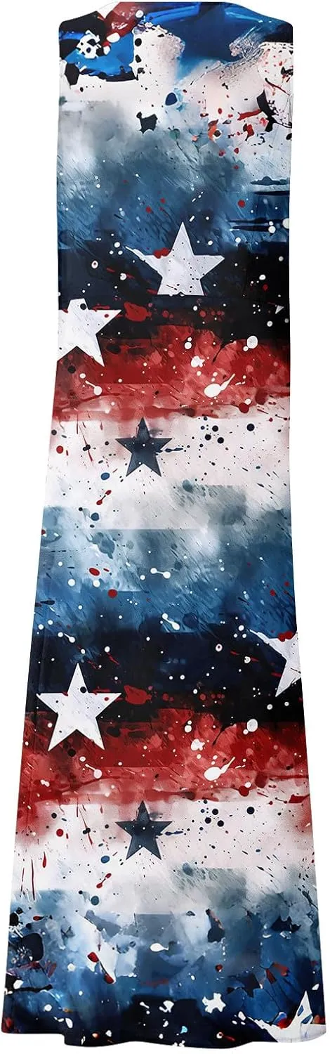 ADHOWBEW 4th of July Dress for Women Loose Fit American Flag Flowy Memorial Days Sleeveless Linen Maxi Dresses with Pockets