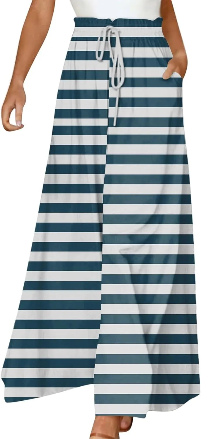 ADHOWBEW Maxi Skirts for Women Bohemian Floral Print Elastic Waist Cotton African Sexy Smocked Casual Flowy Skirts