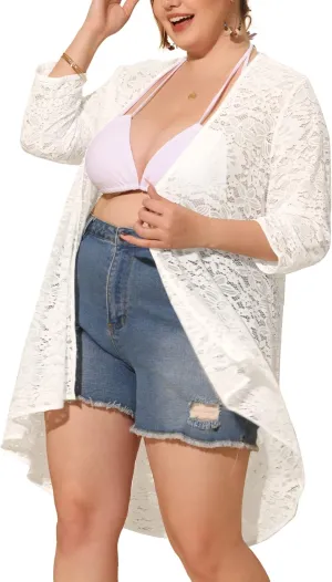 Agnes Orinda Plus Size Cardigans for Women Lightweight 3/4 Sleeve Open Front Crochet 2024 Lace Cover Up