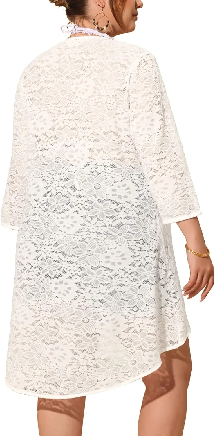 Agnes Orinda Plus Size Cardigans for Women Lightweight 3/4 Sleeve Open Front Crochet 2024 Lace Cover Up