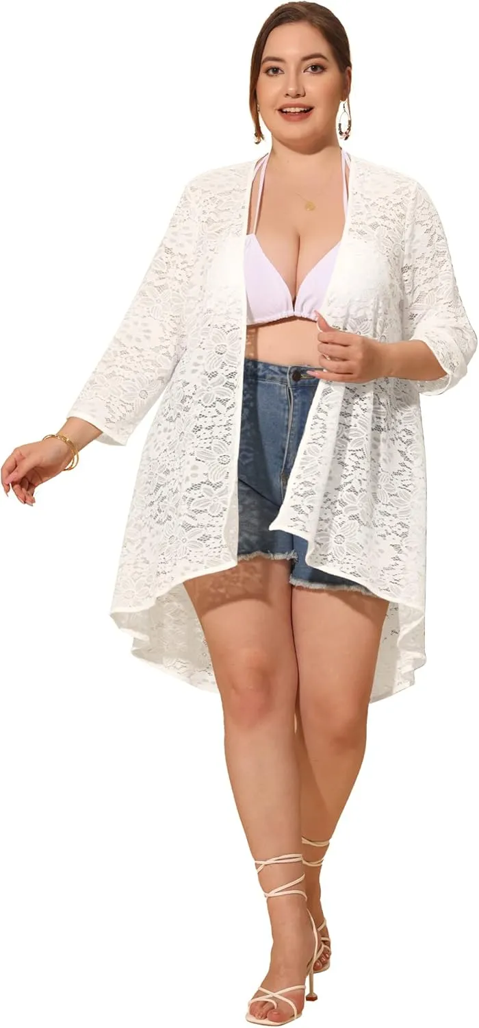 Agnes Orinda Plus Size Cardigans for Women Lightweight 3/4 Sleeve Open Front Crochet 2024 Lace Cover Up