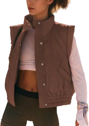Ainangua Women Cropped Puffer Vest Button Sleeveless Light Jacket Scrunch Stand Collar Essentials Gilet with Pockets