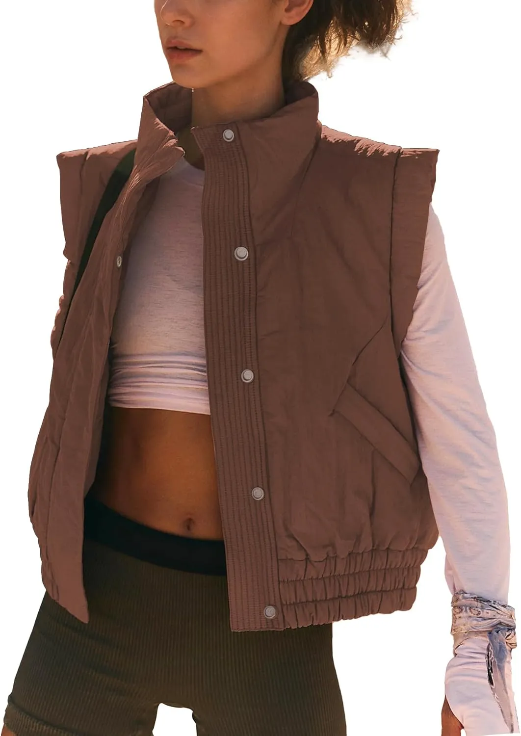Ainangua Women Cropped Puffer Vest Button Sleeveless Light Jacket Scrunch Stand Collar Essentials Gilet with Pockets