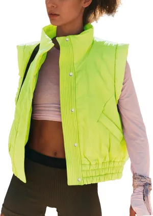Ainangua Women Cropped Puffer Vest Button Sleeveless Light Jacket Scrunch Stand Collar Essentials Gilet with Pockets