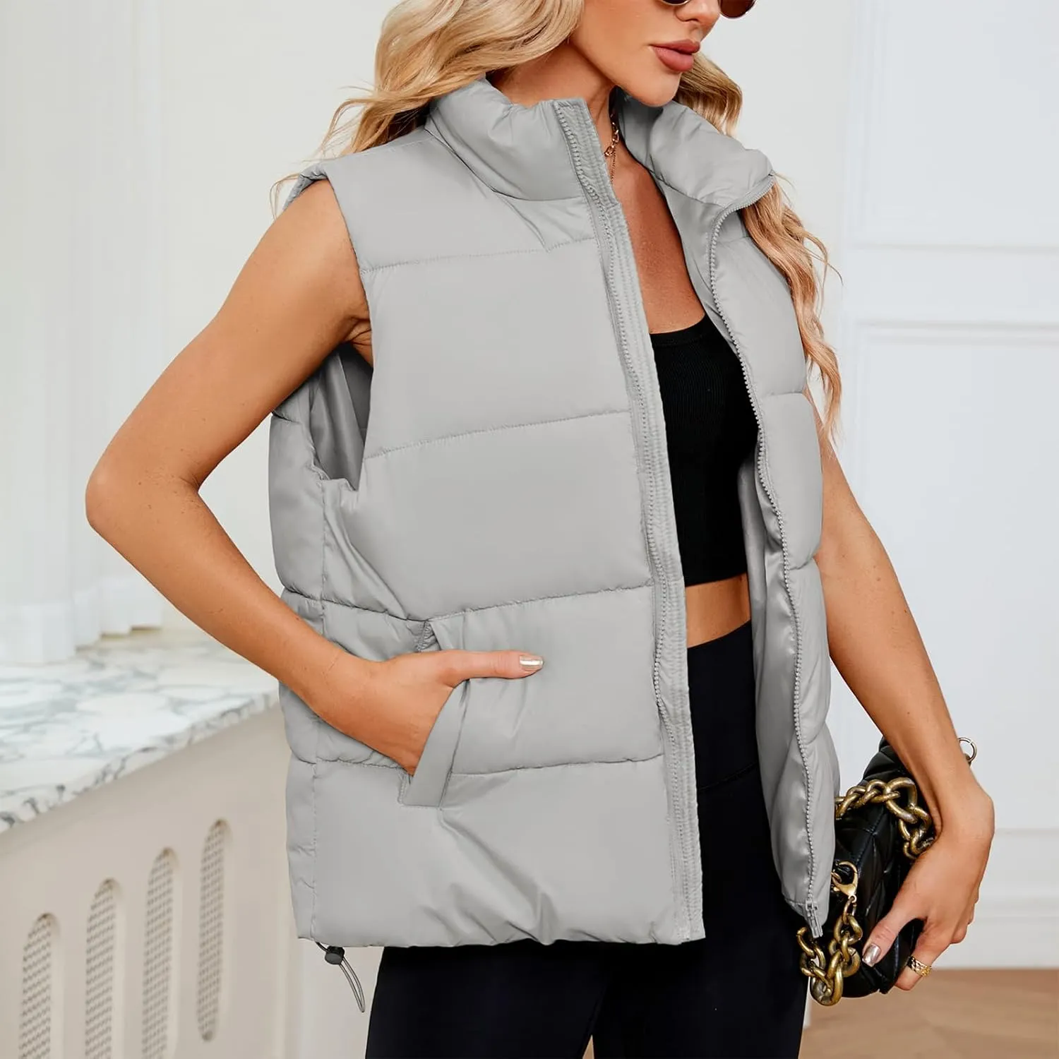 American Trends Womens Puffer Vest Sleeveless Puffy Vests for Women Collar Jacket Zipper Coat with Pockets