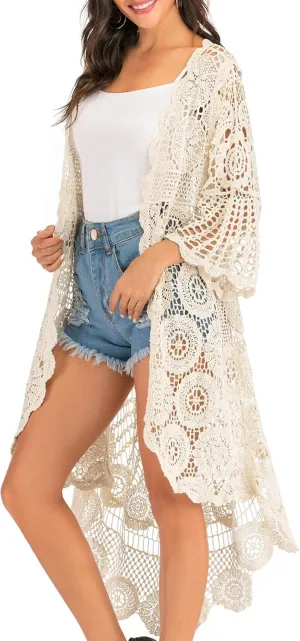 Anna-Kaci Women's Crochet Long Vest Boho Short Sleeve Kimono Cardigan Swimwear Cover up