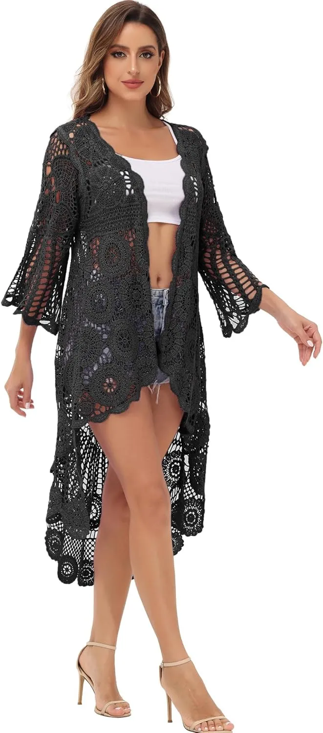 Anna-Kaci Women's Crochet Long Vest Boho Short Sleeve Kimono Cardigan Swimwear Cover up