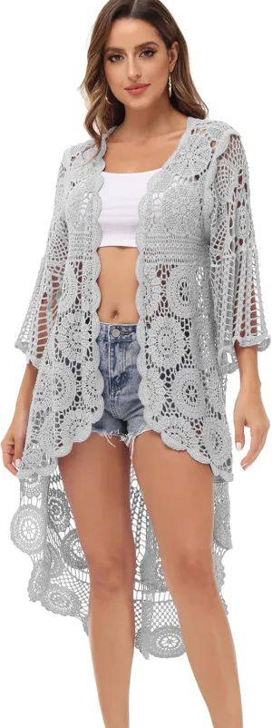 Anna-Kaci Women's Crochet Long Vest Boho Short Sleeve Kimono Cardigan Swimwear Cover up