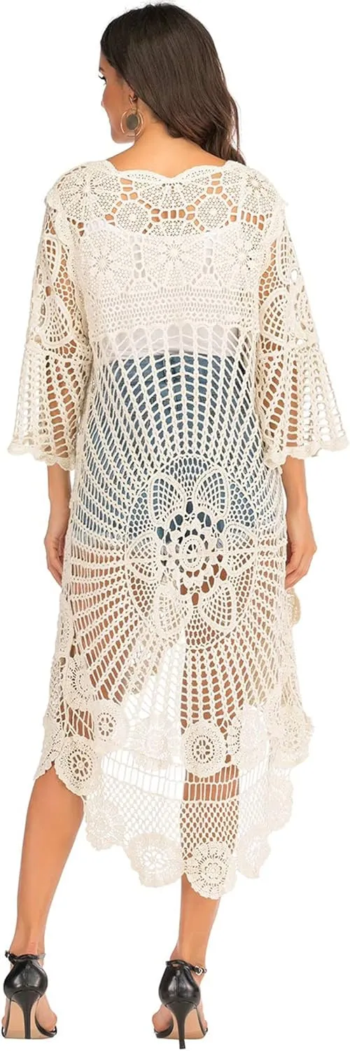 Anna-Kaci Women's Crochet Long Vest Boho Short Sleeve Kimono Cardigan Swimwear Cover up