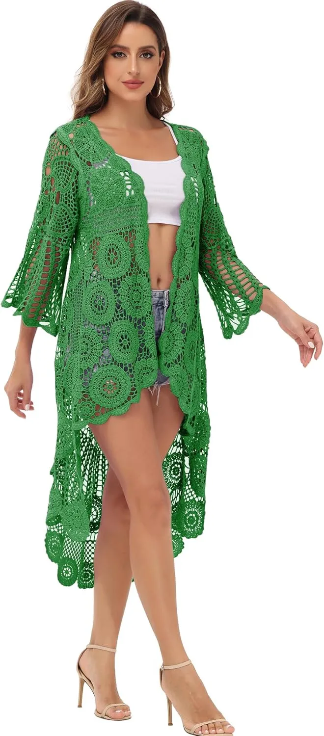 Anna-Kaci Women's Crochet Long Vest Boho Short Sleeve Kimono Cardigan Swimwear Cover up