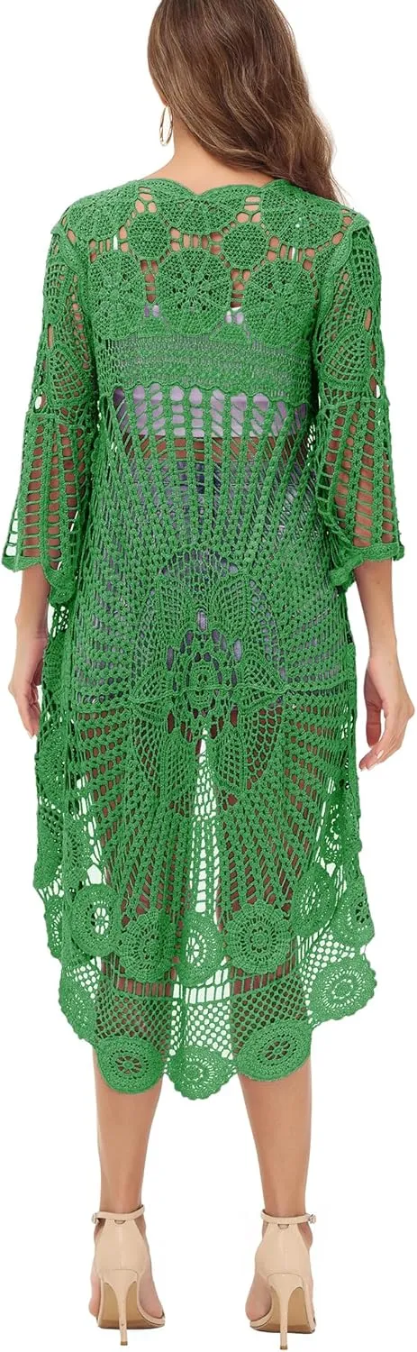 Anna-Kaci Women's Crochet Long Vest Boho Short Sleeve Kimono Cardigan Swimwear Cover up