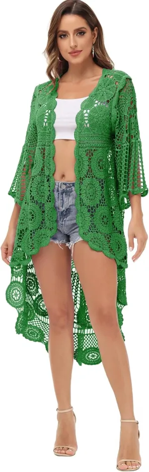 Anna-Kaci Women's Crochet Long Vest Boho Short Sleeve Kimono Cardigan Swimwear Cover up
