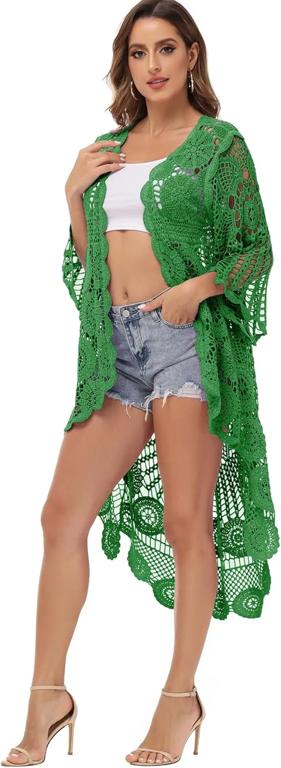 Anna-Kaci Women's Crochet Long Vest Boho Short Sleeve Kimono Cardigan Swimwear Cover up