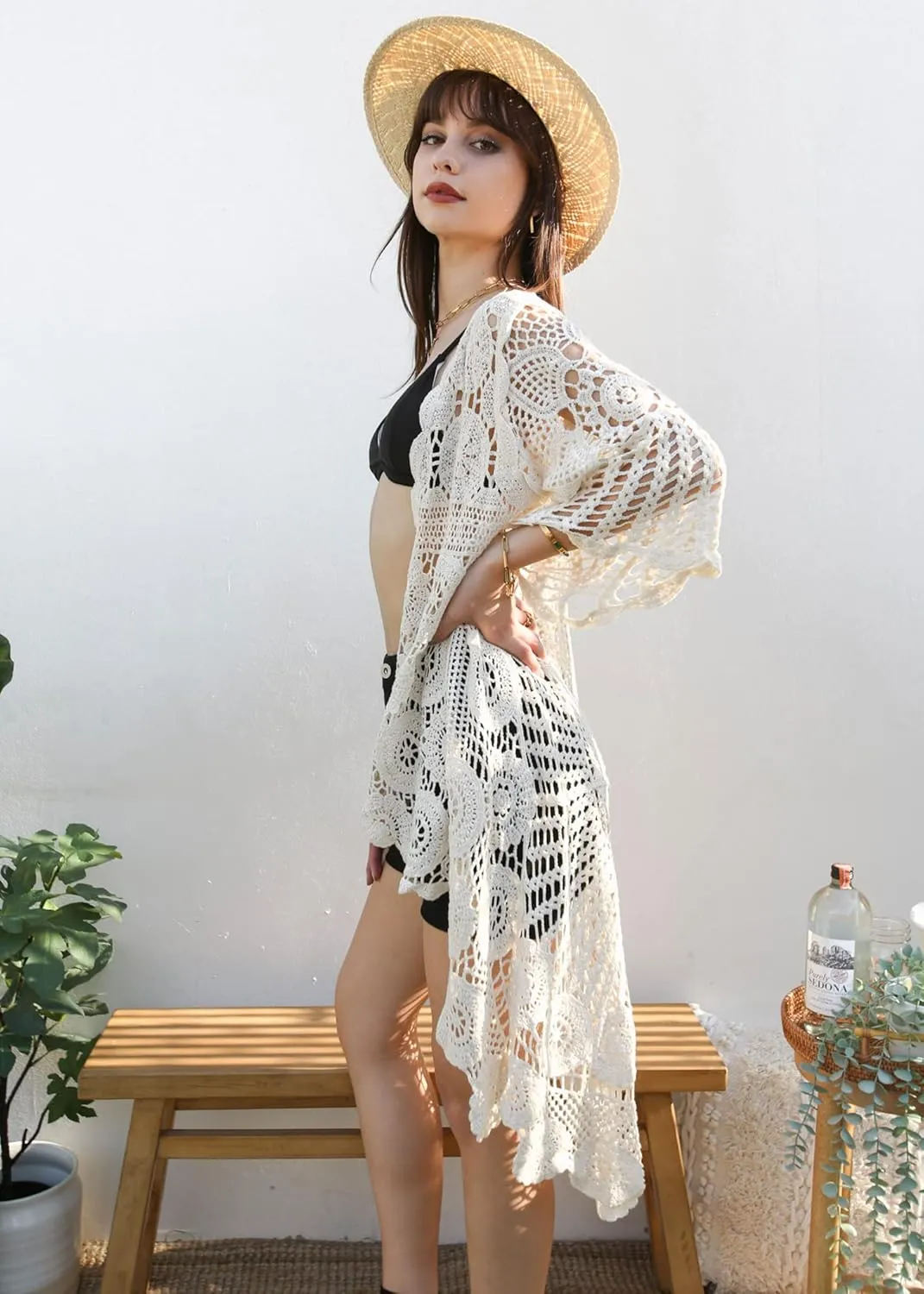Anna-Kaci Women's Crochet Long Vest Boho Short Sleeve Kimono Cardigan Swimwear Cover up