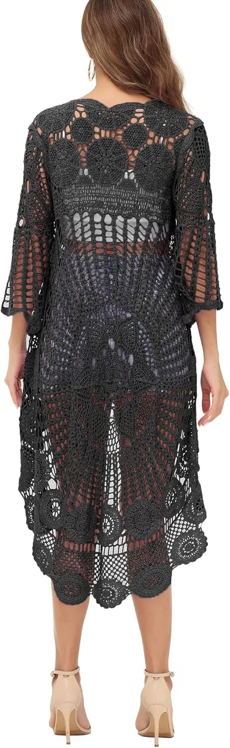 Anna-Kaci Women's Crochet Long Vest Boho Short Sleeve Kimono Cardigan Swimwear Cover up