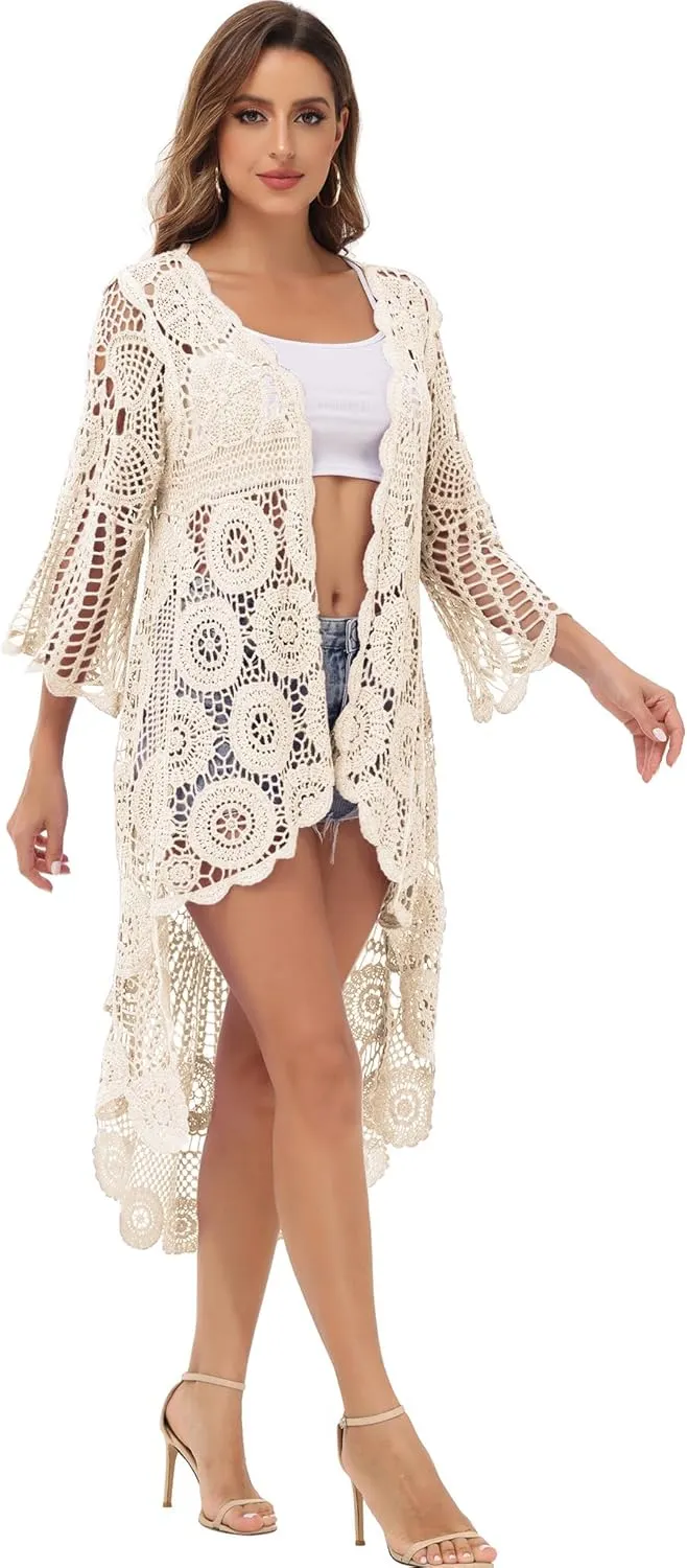 Anna-Kaci Women's Crochet Long Vest Boho Short Sleeve Kimono Cardigan Swimwear Cover up