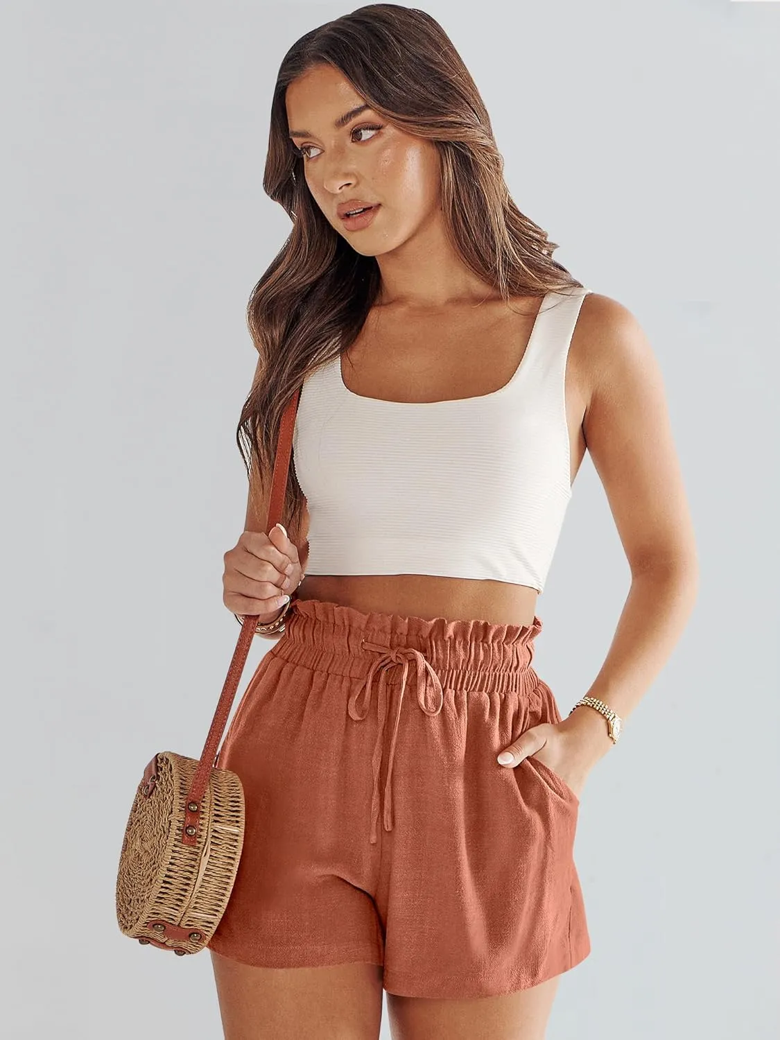 ANRABESS Linen Shorts for Women Summer Casual Wide Leg Loose High Waist Drawstring Dressy Beach Shorts 2025 Comfy Clothes