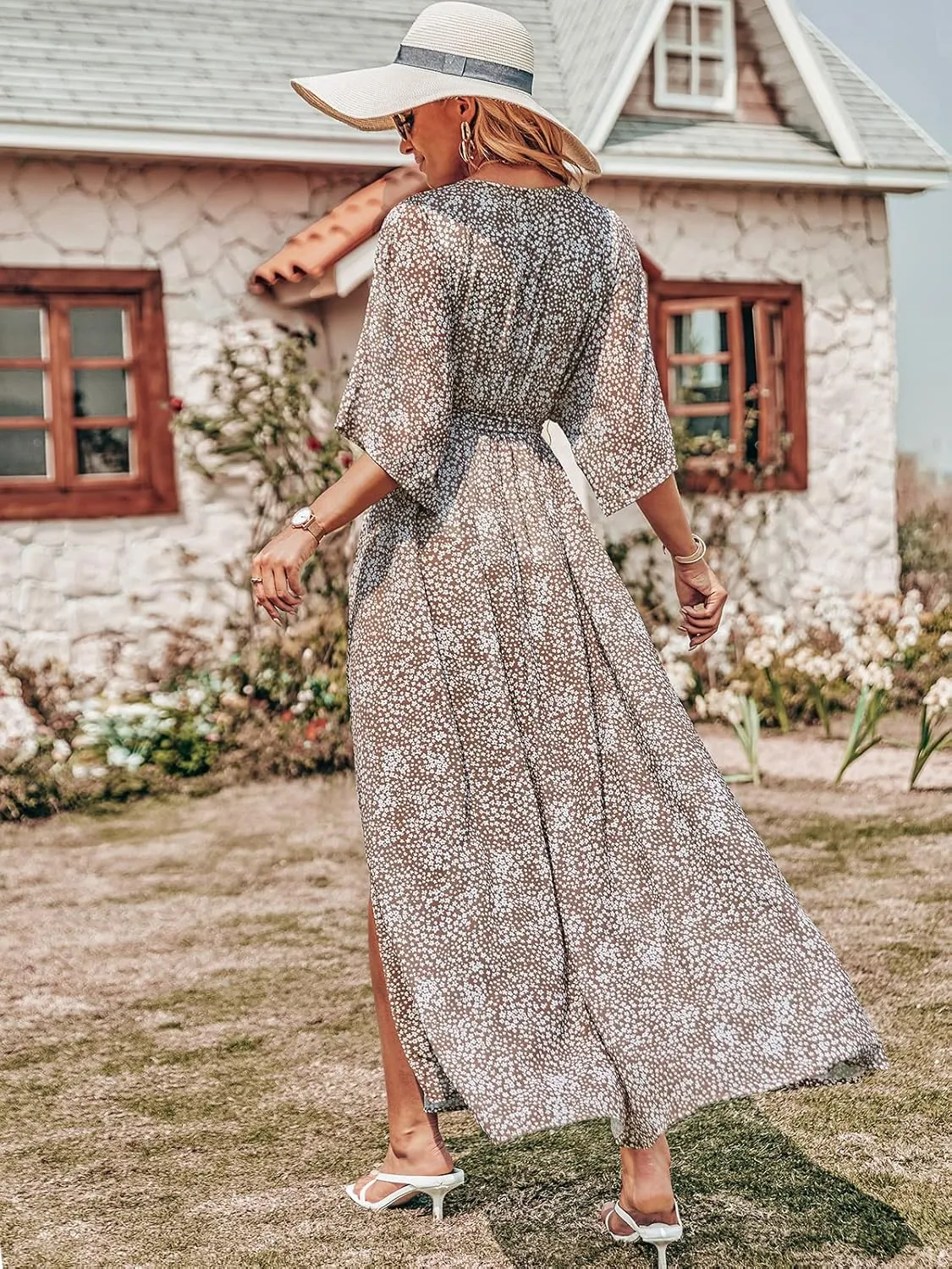 ANRABESS Womens Summer Loose Boho Flowy Wrap V Neck 3/4 Sleeve Floral Print Slit Beach Wedding Guest Long Maxi Dresses