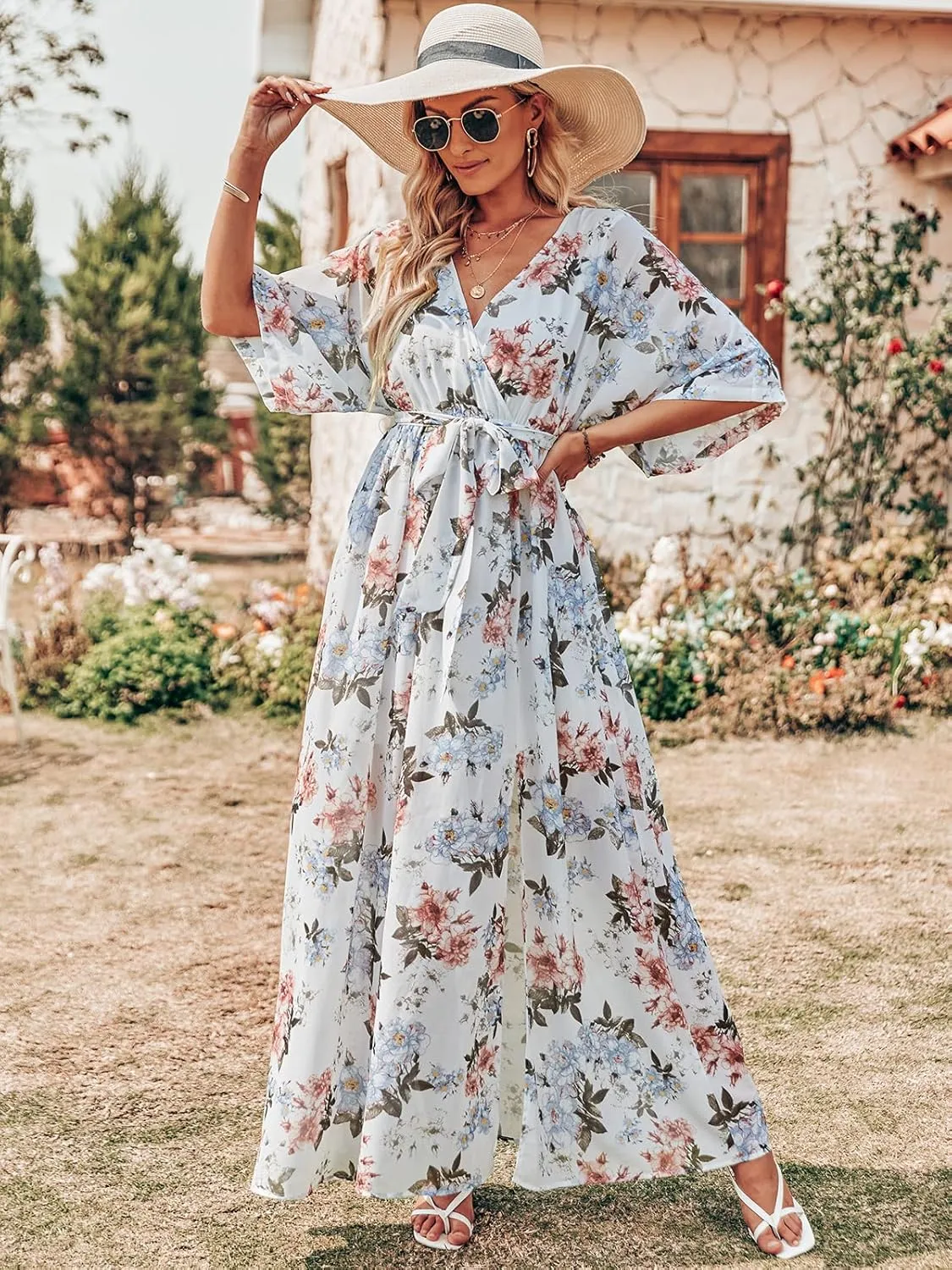 ANRABESS Womens Summer Loose Boho Flowy Wrap V Neck 3/4 Sleeve Floral Print Slit Beach Wedding Guest Long Maxi Dresses