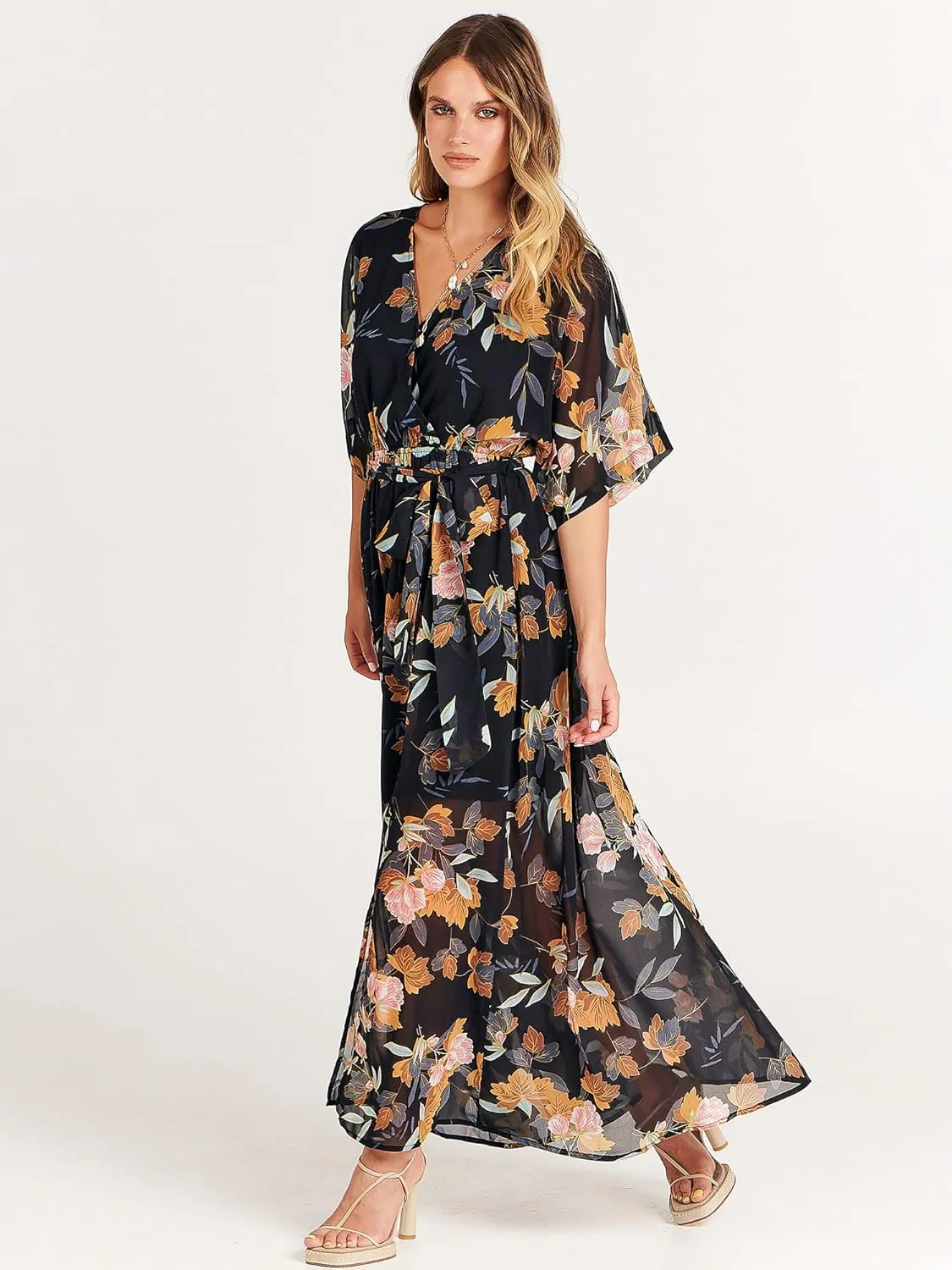ANRABESS Womens Summer Loose Boho Flowy Wrap V Neck 3/4 Sleeve Floral Print Slit Beach Wedding Guest Long Maxi Dresses