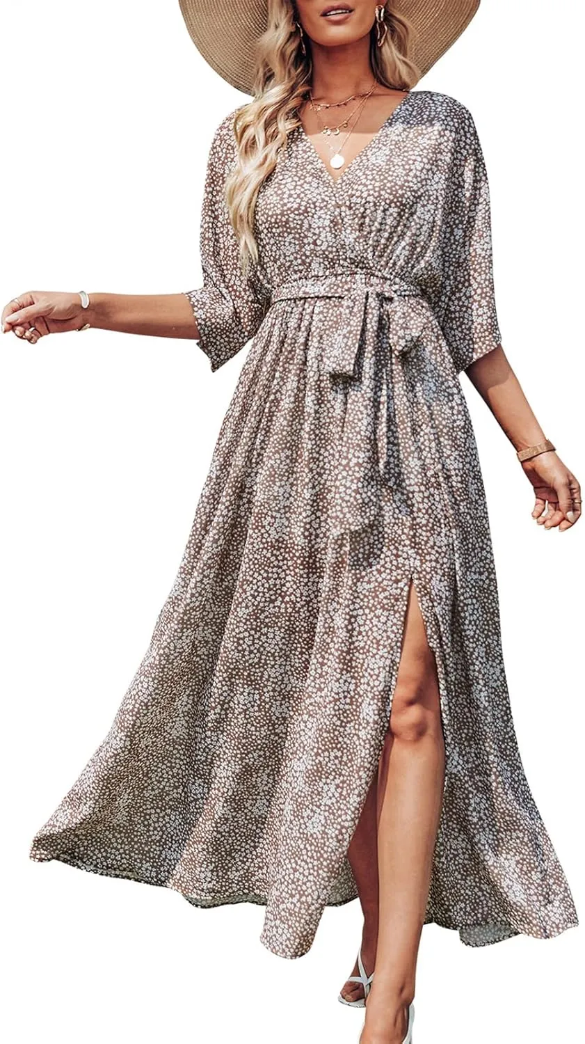 ANRABESS Womens Summer Loose Boho Flowy Wrap V Neck 3/4 Sleeve Floral Print Slit Beach Wedding Guest Long Maxi Dresses