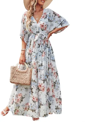 ANRABESS Womens Summer Loose Boho Flowy Wrap V Neck 3/4 Sleeve Floral Print Slit Beach Wedding Guest Long Maxi Dresses