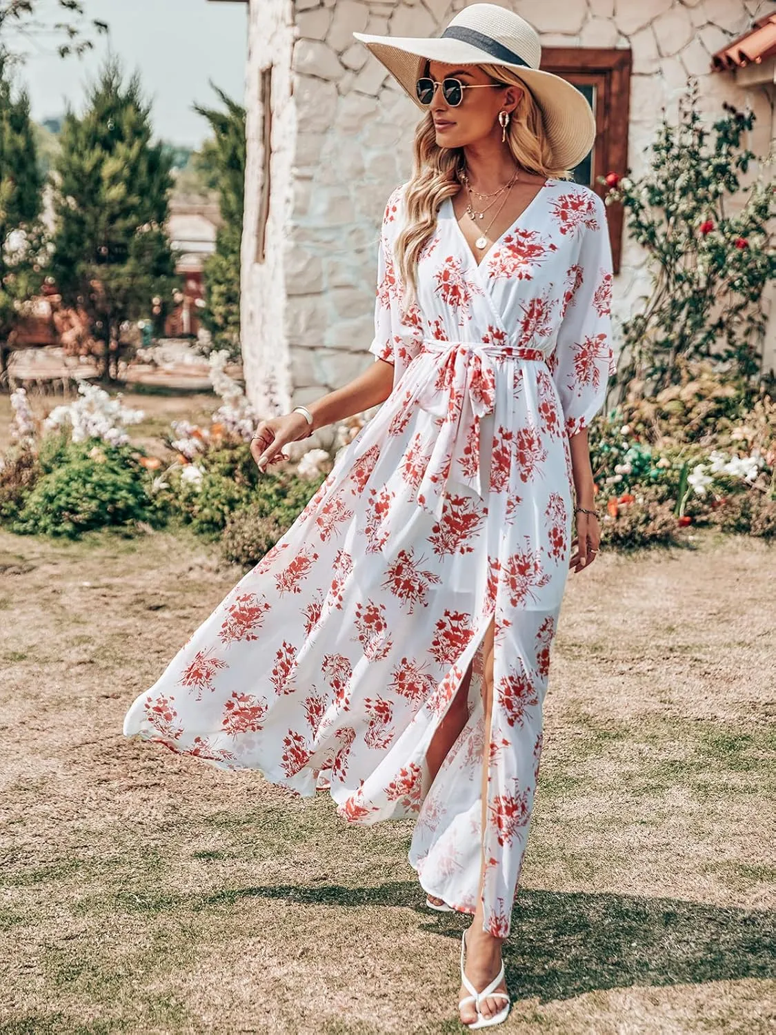 ANRABESS Womens Summer Loose Boho Flowy Wrap V Neck 3/4 Sleeve Floral Print Slit Beach Wedding Guest Long Maxi Dresses