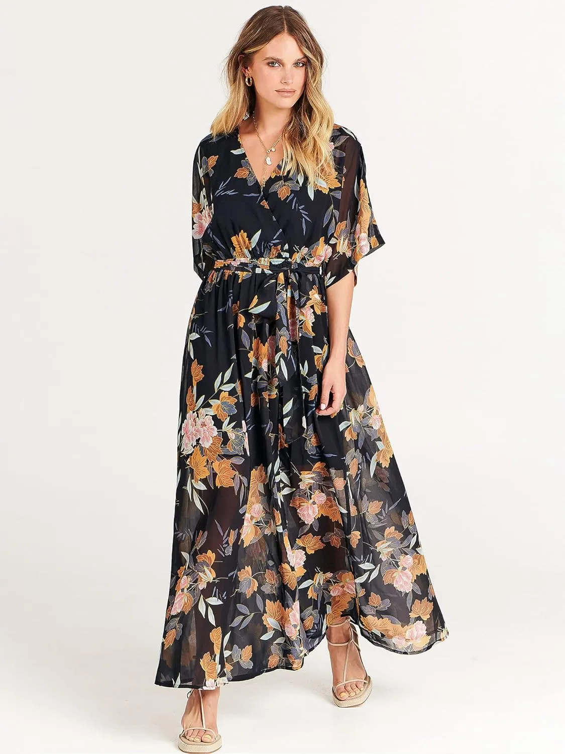 ANRABESS Womens Summer Loose Boho Flowy Wrap V Neck 3/4 Sleeve Floral Print Slit Beach Wedding Guest Long Maxi Dresses