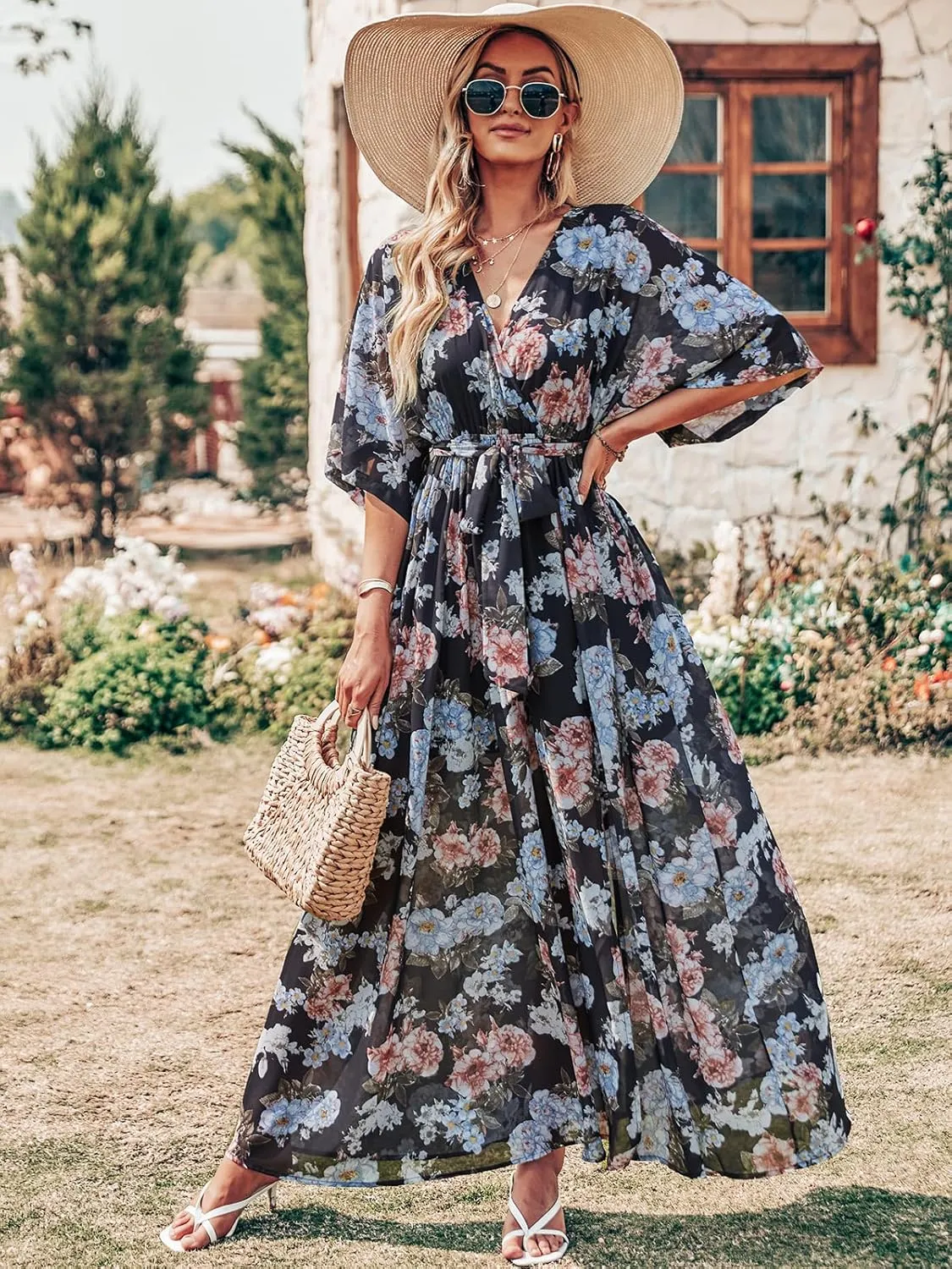 ANRABESS Womens Summer Loose Boho Flowy Wrap V Neck 3/4 Sleeve Floral Print Slit Beach Wedding Guest Long Maxi Dresses