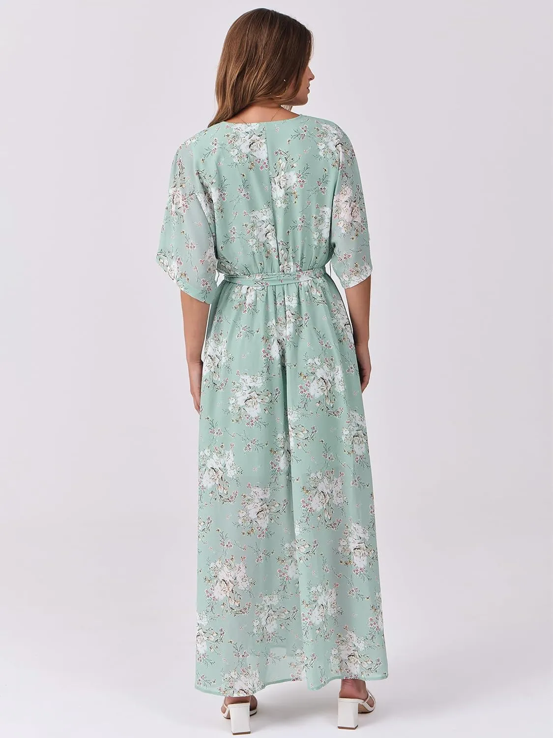ANRABESS Womens Summer Loose Boho Flowy Wrap V Neck 3/4 Sleeve Floral Print Slit Beach Wedding Guest Long Maxi Dresses