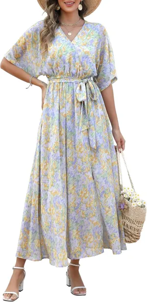 ANRABESS Womens Summer Loose Boho Flowy Wrap V Neck 3/4 Sleeve Floral Print Slit Beach Wedding Guest Long Maxi Dresses