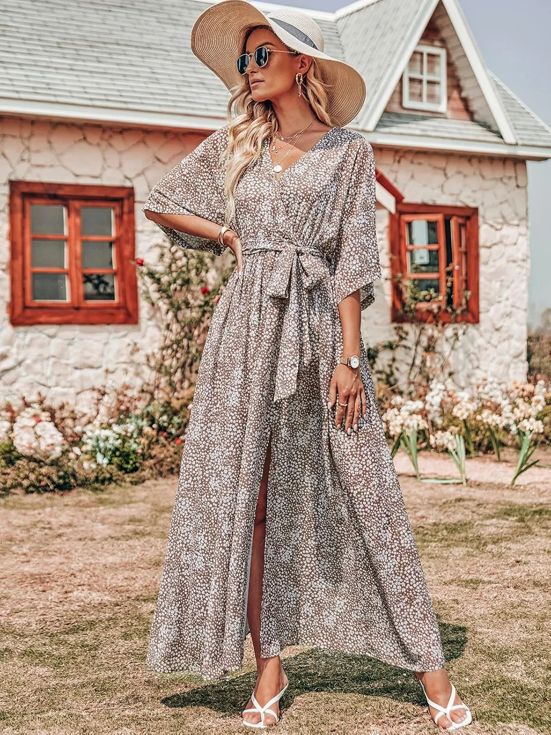 ANRABESS Womens Summer Loose Boho Flowy Wrap V Neck 3/4 Sleeve Floral Print Slit Beach Wedding Guest Long Maxi Dresses