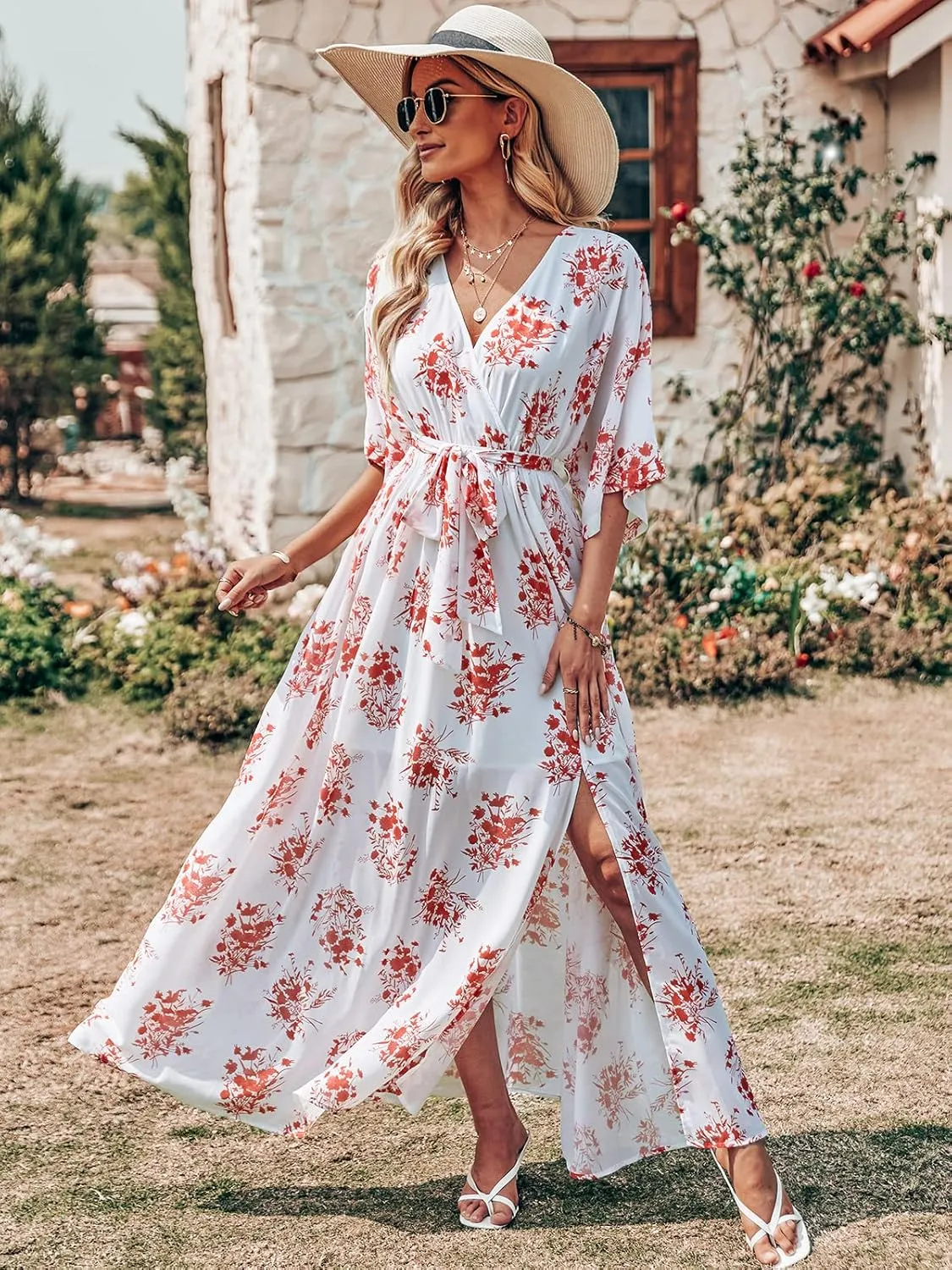 ANRABESS Womens Summer Loose Boho Flowy Wrap V Neck 3/4 Sleeve Floral Print Slit Beach Wedding Guest Long Maxi Dresses