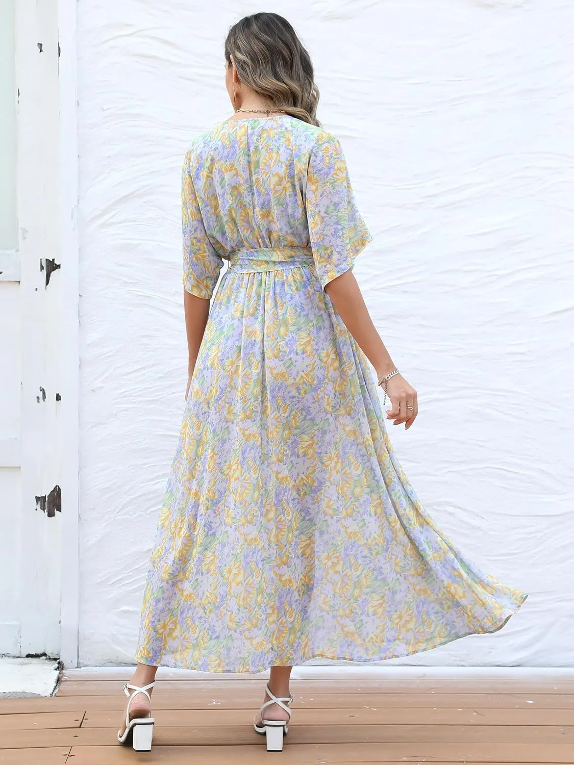 ANRABESS Womens Summer Loose Boho Flowy Wrap V Neck 3/4 Sleeve Floral Print Slit Beach Wedding Guest Long Maxi Dresses