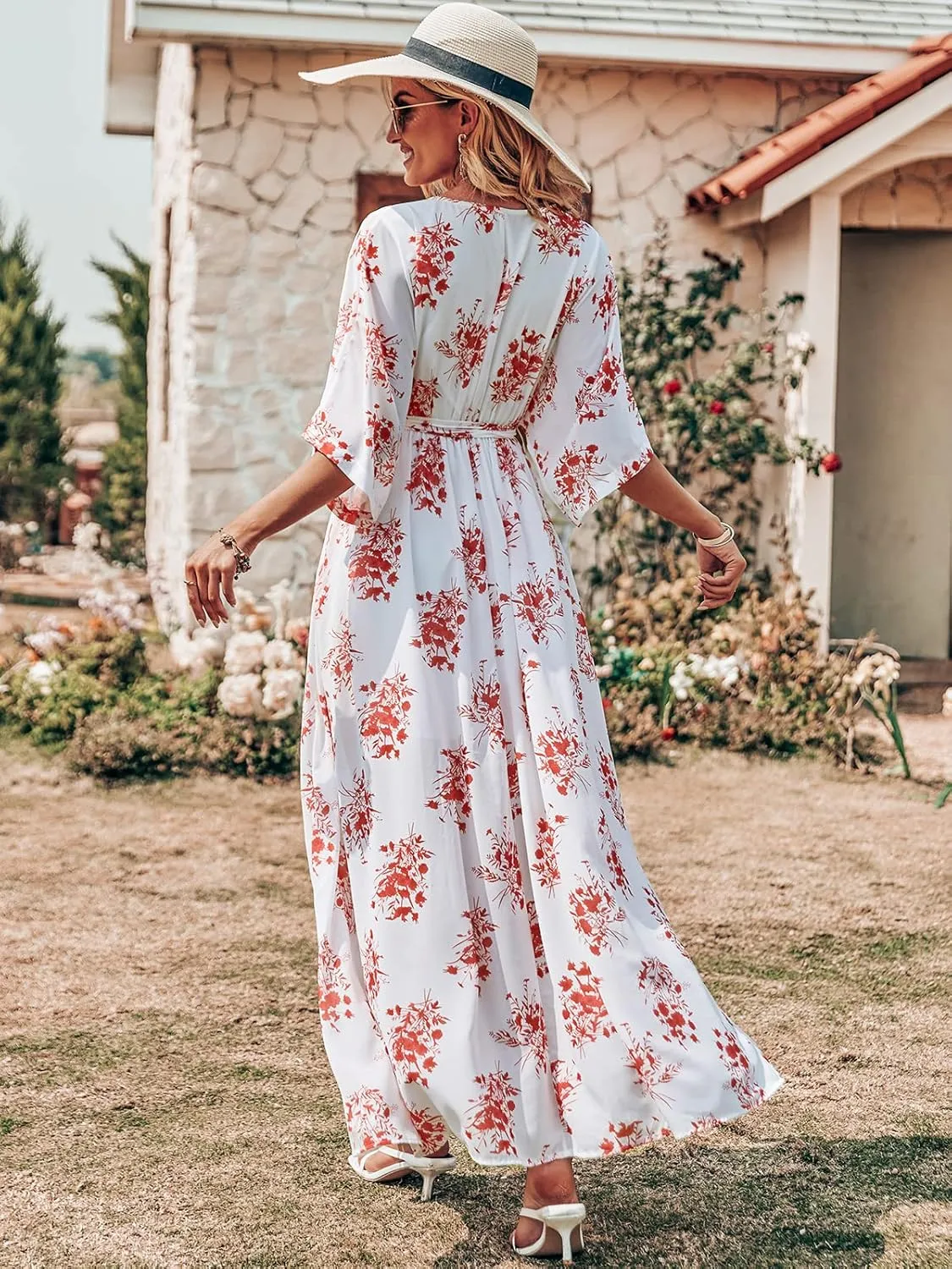 ANRABESS Womens Summer Loose Boho Flowy Wrap V Neck 3/4 Sleeve Floral Print Slit Beach Wedding Guest Long Maxi Dresses