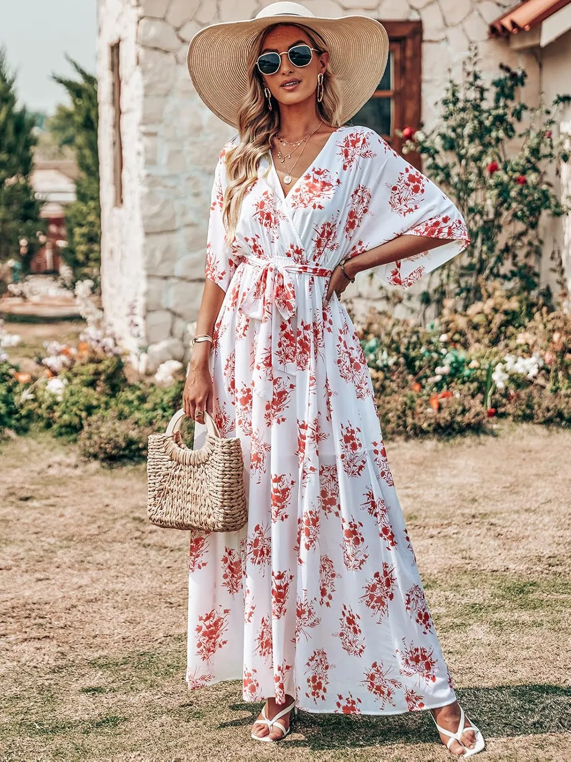 ANRABESS Womens Summer Loose Boho Flowy Wrap V Neck 3/4 Sleeve Floral Print Slit Beach Wedding Guest Long Maxi Dresses