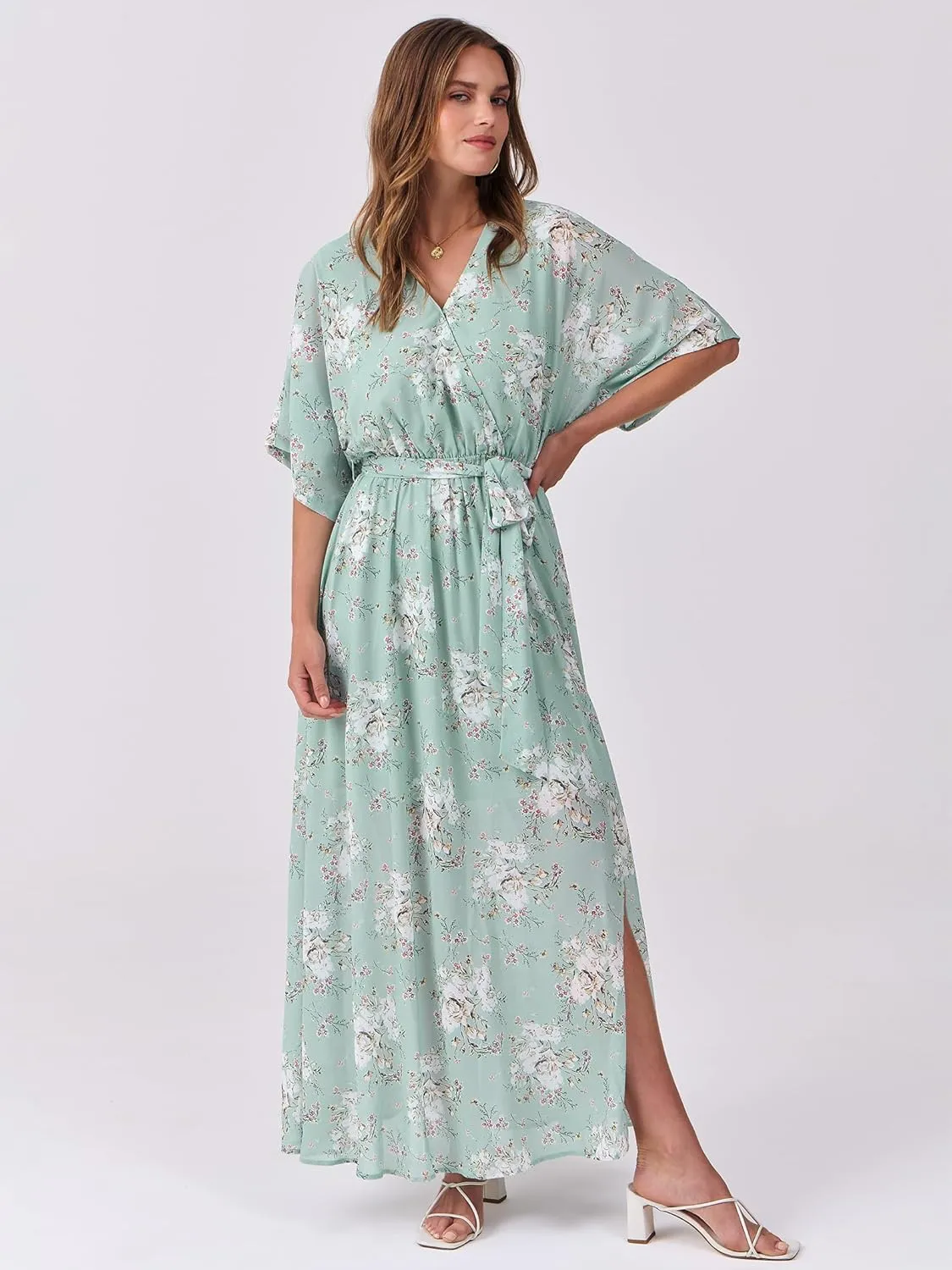 ANRABESS Womens Summer Loose Boho Flowy Wrap V Neck 3/4 Sleeve Floral Print Slit Beach Wedding Guest Long Maxi Dresses