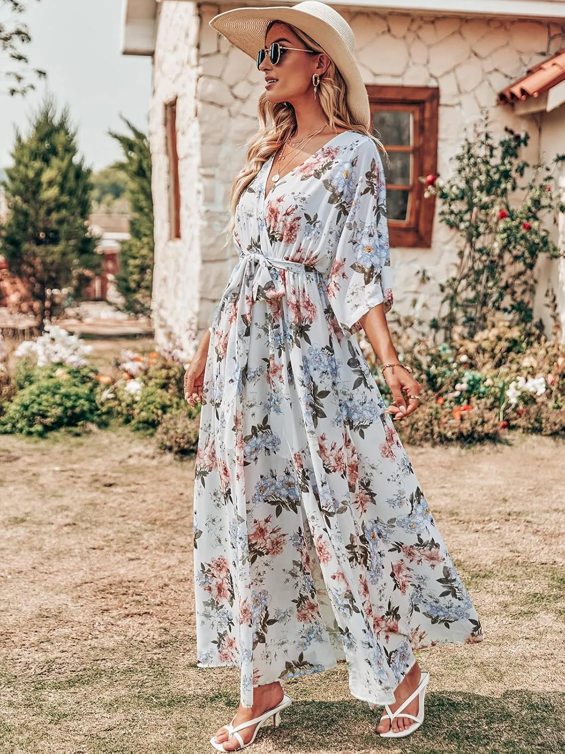 ANRABESS Womens Summer Loose Boho Flowy Wrap V Neck 3/4 Sleeve Floral Print Slit Beach Wedding Guest Long Maxi Dresses